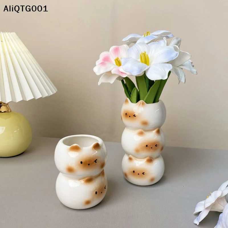 Ceramic Siamese Cat Flower Pot Living Room Bedroom Decorative Ornaments Creative Flower Arrangement Storage Holder Y260314