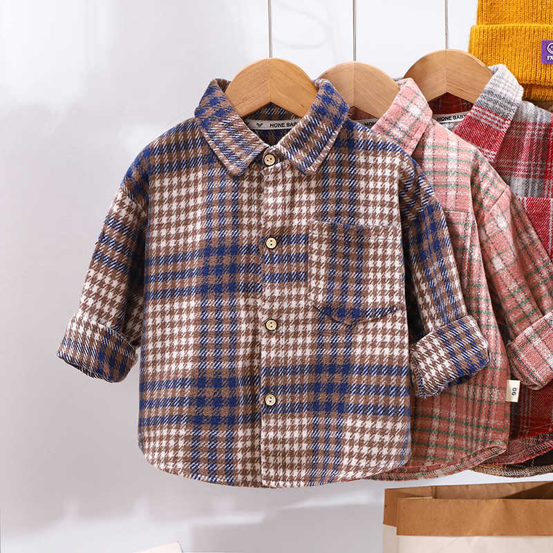 Cardigan Children's Spring and Autumn New Plaid Shirt for Young Boys and Girls Long Sleeve Top Jacket Brushed Wool Shirt
