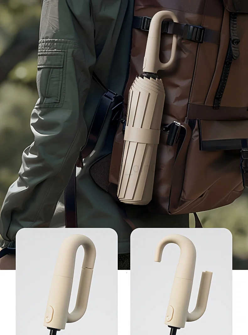 Automatic Folding Umbrella With D-style Non-slip Hook Handle Solid Color Casual Portable Lightweight Durable Umbrella H260314