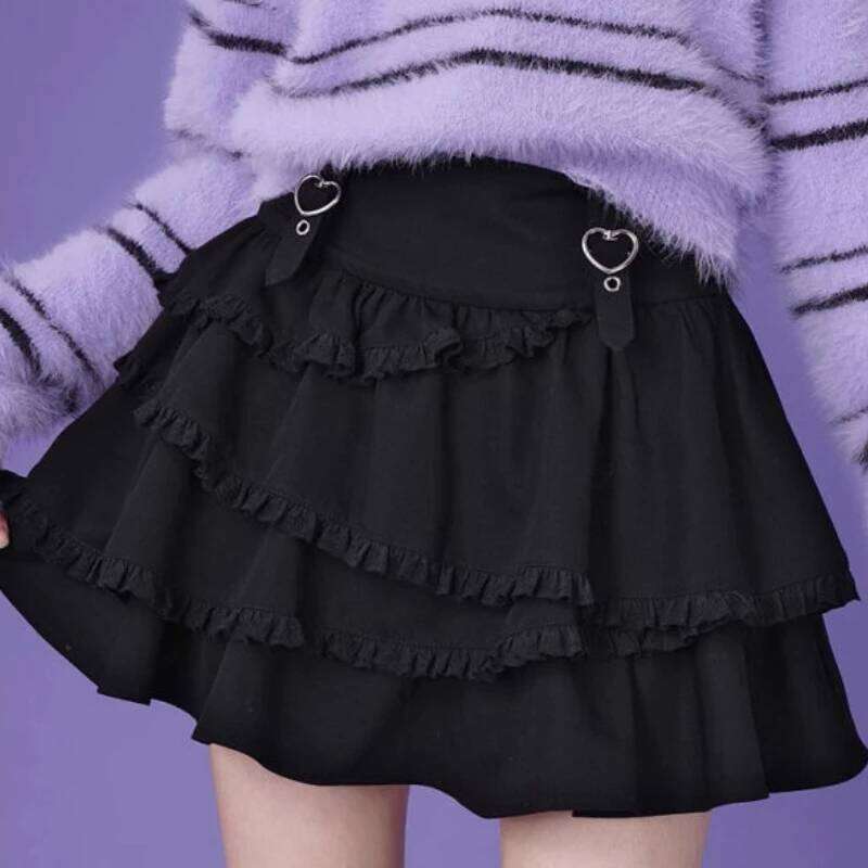 Black Fairy Skirts Women High Waist Slim A-line 2025 Japanese Patchwork Ruffled Woman Fashion Kawaii Mini Skirt Summer Sweet Z260314