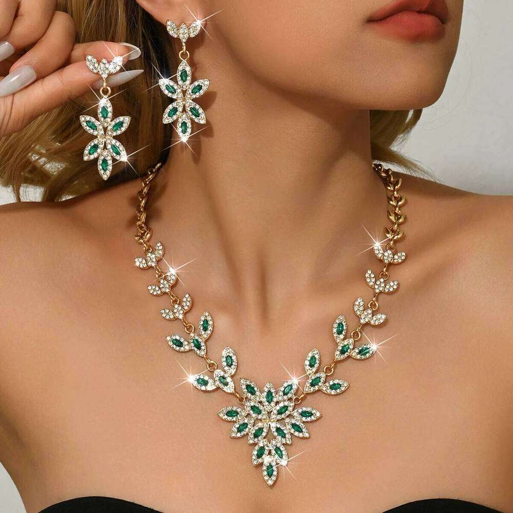 Cross border bride jewelry necklace, earrings, leaves inlaid with diamonds, two-piece set, exquisite wedding accessories, Z260313