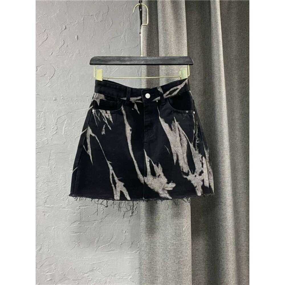 Black Gray Tie Dye Short High Waist Personalized Pattern Denim Fringed A-line Fashion Versatile Skirt Z260314