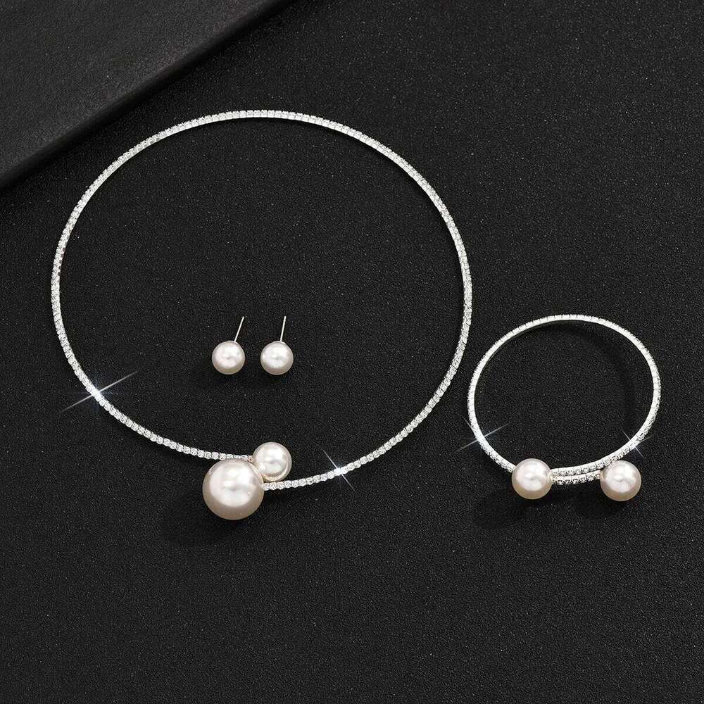TREAZY Fashionable Classic Wedding Party for Women Pearl Rhinestones Choker Necklace Earrings Bracelet Jewelry Sets Z260313