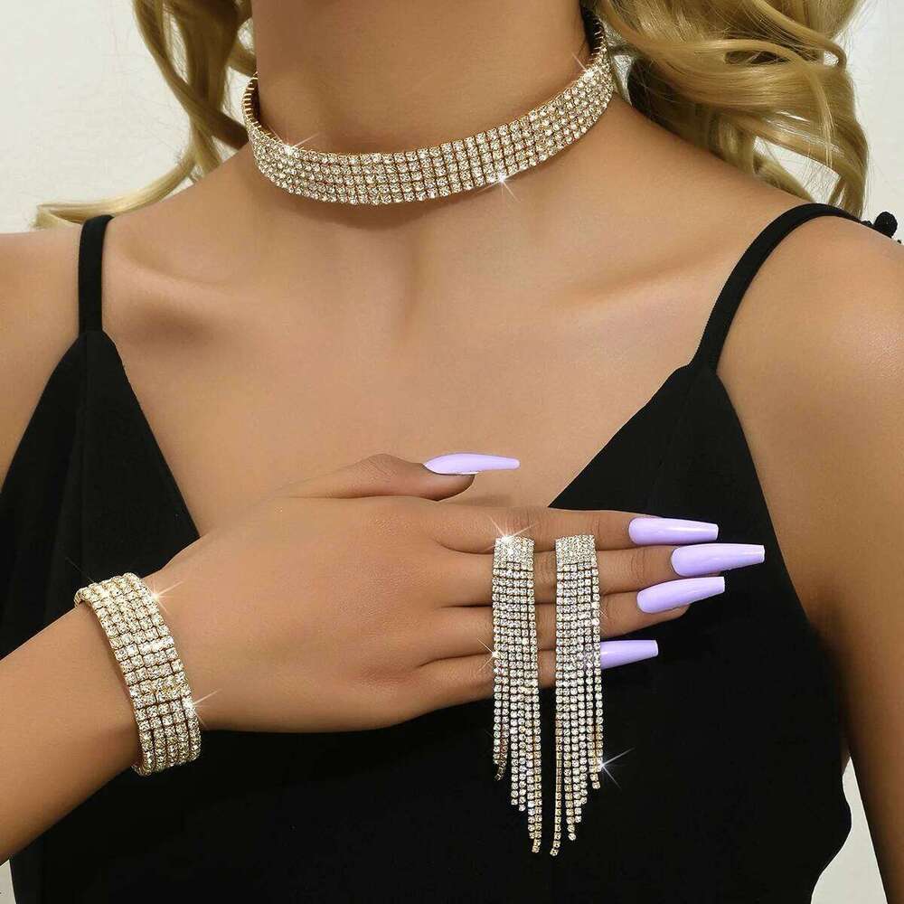 4pcs Fashion Women's Jewelry Tassel Rhinestone Earrings Necklace Bracelet Set Bridal Wedding Accessories Z260313