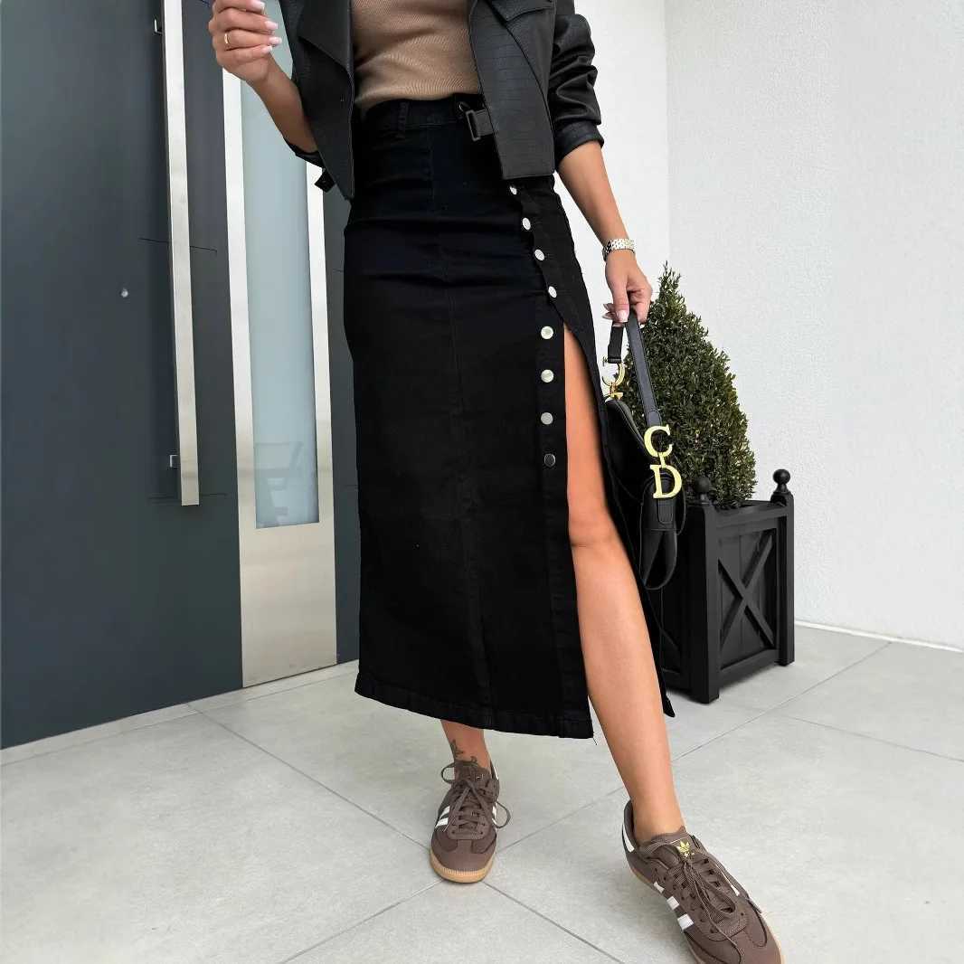 2026 Y2k Skirts Denim Women Long Skirt Single Breasted Irregular Split Stretch High Waist Distressed Washed Summer Streetwear M260314