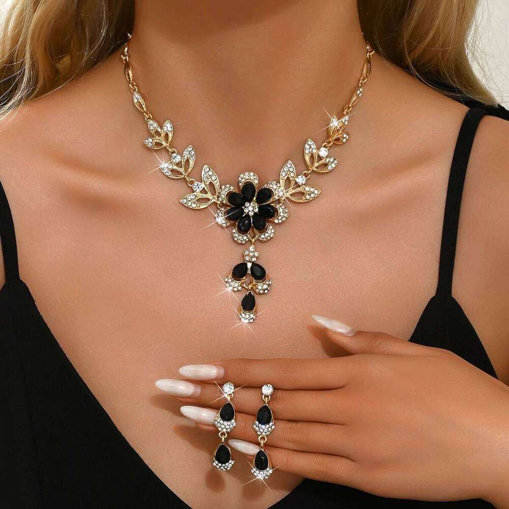 3PC Women's Fashion Trend Black Gold Flower Necklace Earrings Jewelry Set Wedding Banquet Party Festival Gift Z260313