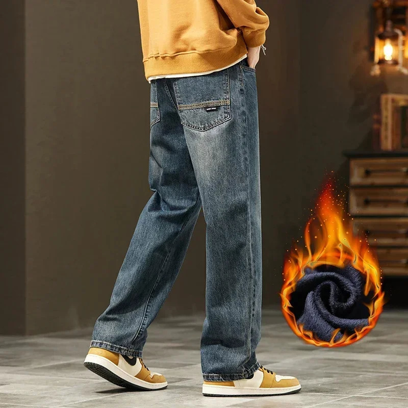 Thick Vintage Jeans Mens Winter Straight Warm Fleece Baggy Thermal Denim Trousers Fashion Korean Wide Male Plush Pants 260311