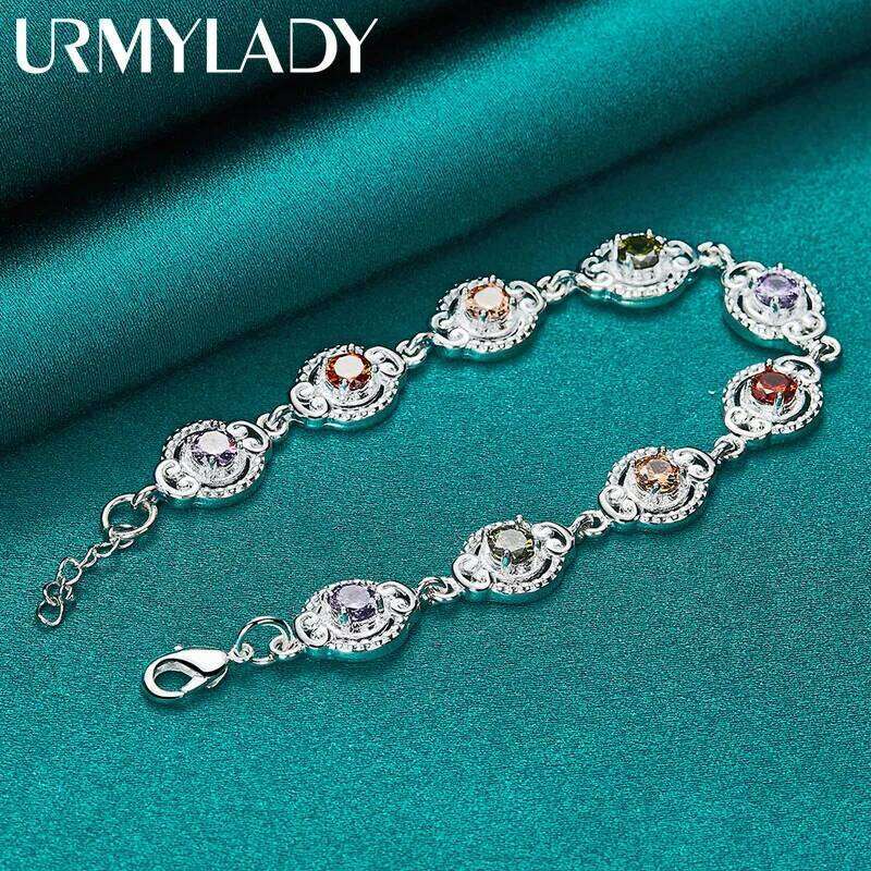URMYLADY 925 Sterling Silver Charm Purple Orange Red Green Zircon Chain Bracelet For Women Wedding Engagement Fashion Jewelry Z260313