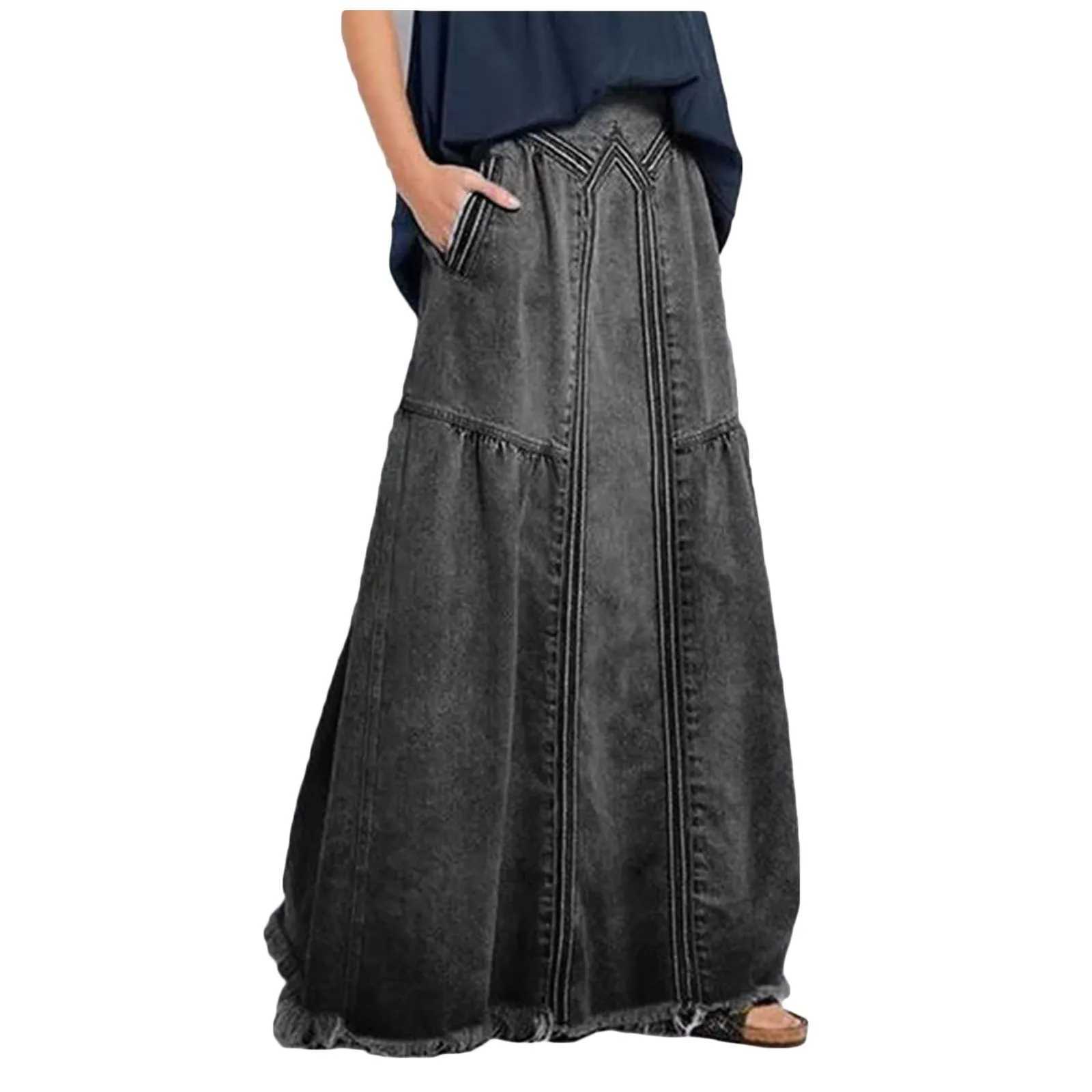 Womens Denim skirt Patchwork Casual Loose Skirts WiTH PoCKets Solid Color RETRO fashion faldas cool street long skirt M260314