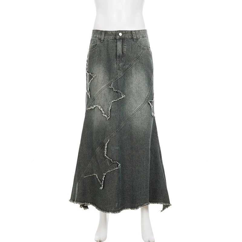 SUCHCUTE Y2k Patchwork Denim Long Skirt Women Retro Slim Ripped Mid-Waisted Mermaid Hem Skirts Fashion Tassel Irregular Skirt M260314