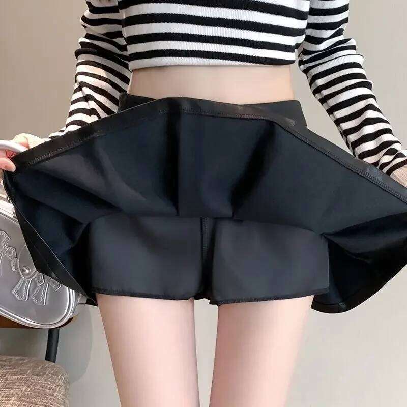 Women's PU Leather Zipper Pleated 2025 Autumn New High Waist Anti-light Midi Skirt Z260314