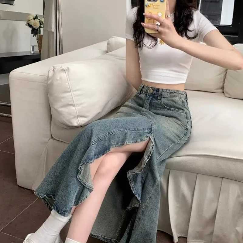 Spring And Summer Korean Retro Women Denim Skirt Fashion Design Irregular Wave Slit High Waist Fishtail Skirt Mid Length Skirt M260314