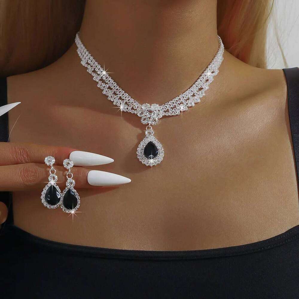 Diamond studded sparkling water droplet earrings necklace, light luxury and high-end temperament, collarbone chain set Z260313