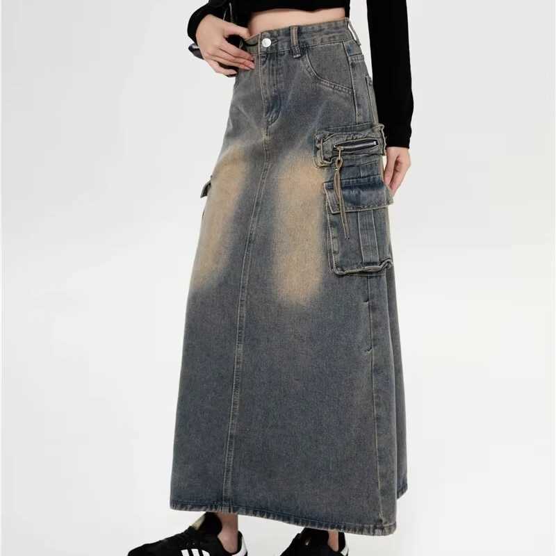 2025 Women Y2k High Waist Denim Ankle Length Cargo Skirts s Robe Cool Wrap Dress Female Retro Blue A Line Long Jeans Skirts M260314
