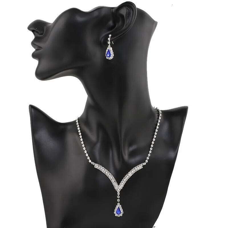 TREAZY Royal Blue Crystal Bridal Silver Plated Rhinestone Necklace Earrings Set for Women Prom Wedding Jewelry Sets Z260313