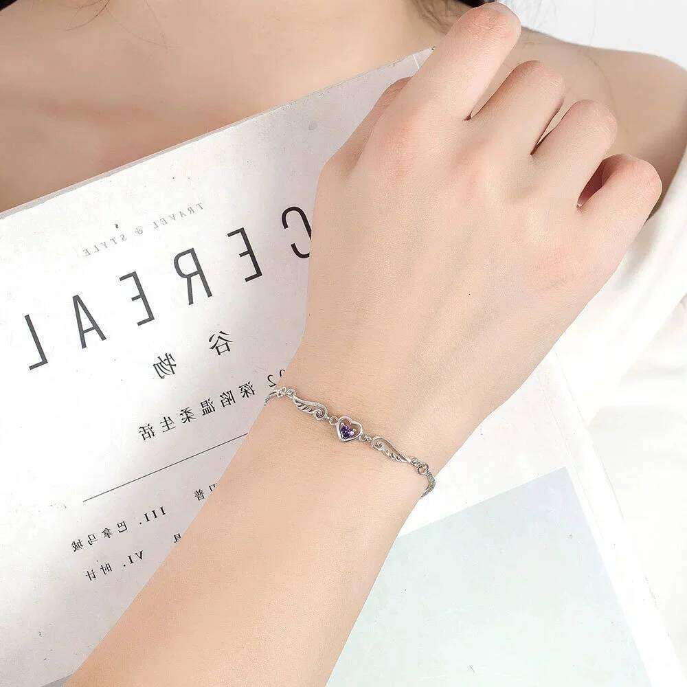 Purple Crystal Love Heart Stone Angel Wings Bracelets For Women Silver Color Chain Bracelet Wedding Jewelry Valentine's Day Gift Z260313