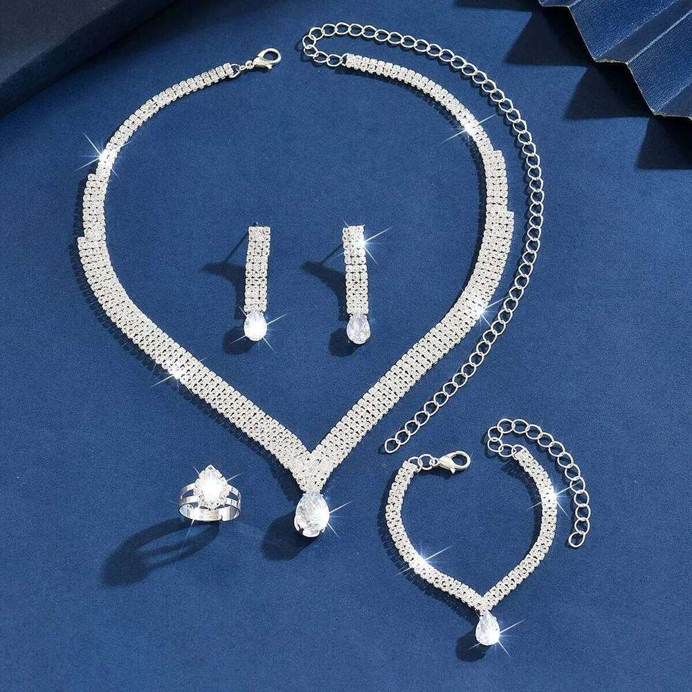 5piece Luxury Rhinestone Bridal Wedding Jewelry Set, Elegant and Sparkling Party Necklace Earrings Bracelet Ring, Romantic Women Z260313