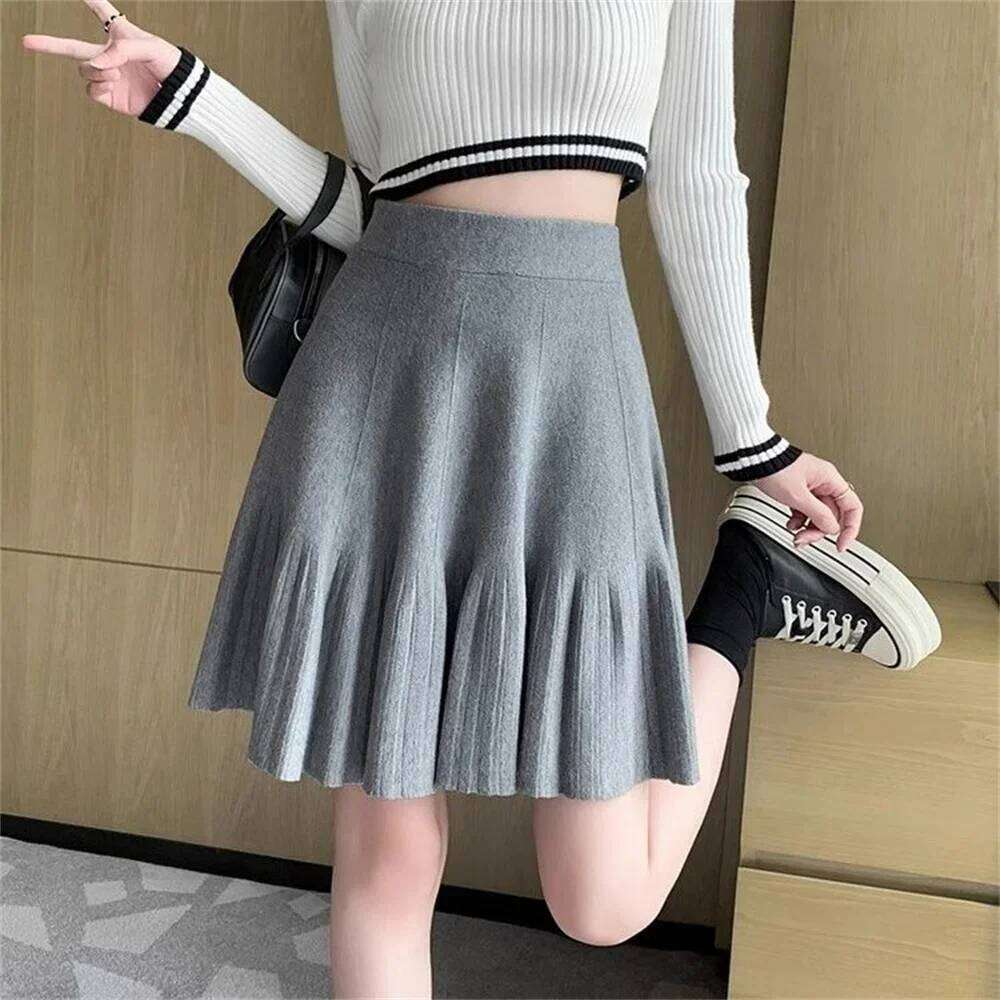 Spring Autumn High Waisted A-line New Design Pleated Mini Skirts Solid Color Short Girls' Knitted Half Skirt Women's Z260314