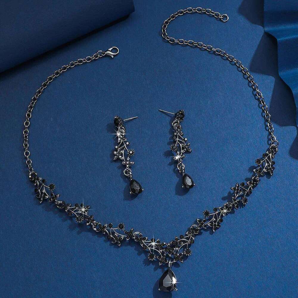 Vintage Black Crystal Jewelry Set 3Pcs Necklace+Earrings Dark Gothic Style for Women Party Wedding Evening Prom Accessories Z260313