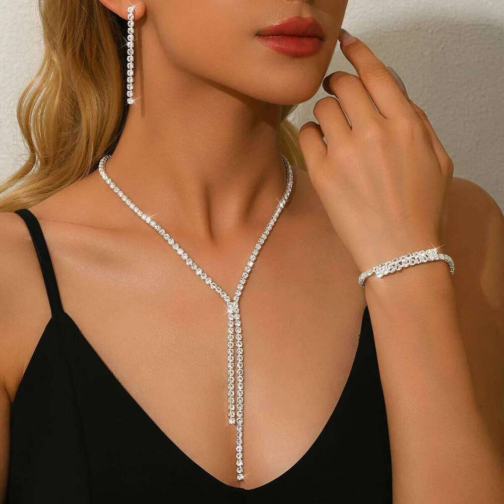 Black Copper Alloy Beaded Jewelry Set: Y-Necklace Long Earring + Bracelet Women's Minimalist Statement Accessories for Party Z260313