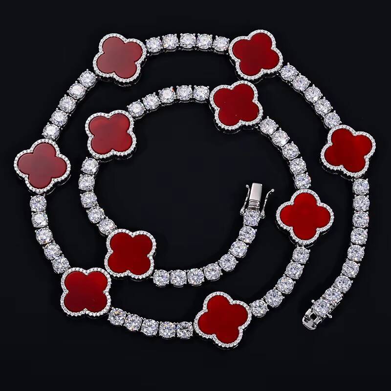 925 Sterling Silver Clover Moissanite Tennis Chain Bracelet and Necklace 5mm Pass Diamond Test Fashionable for Men and Women