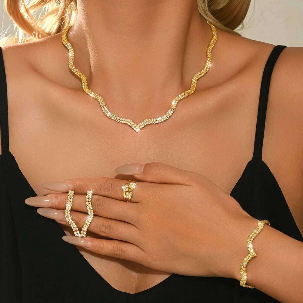 Bling Scallop Edge Jewelry Set Women's Rhinestone Necklace Earrings Bracelet Ring 4Pcs Party Formal Statement Accessories Z260313