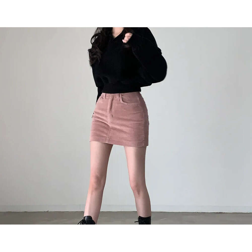 Corduroy Clothes Solid Button Design Date Girls Office Lady Pink Black High Waist Sexy Mini Cute Skirts Z260314