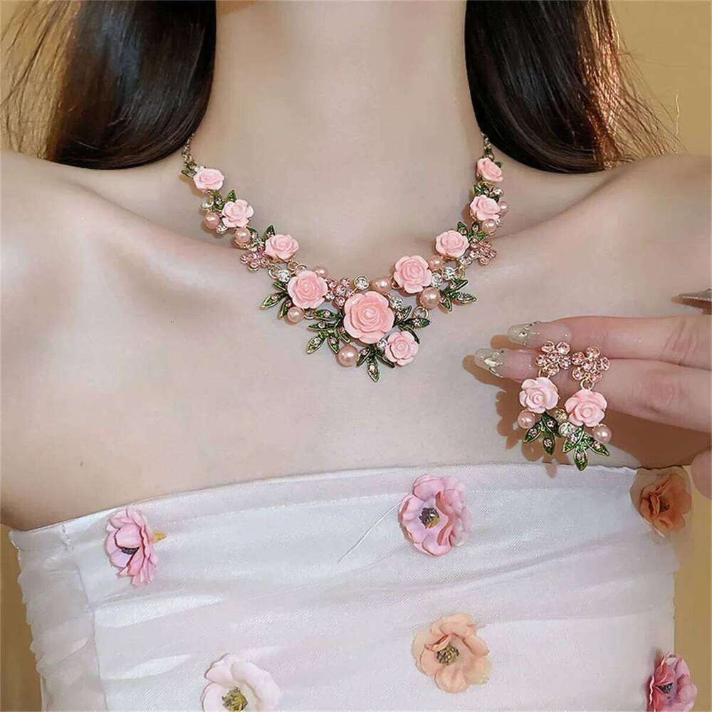 FYUAN Pink Purple Flowers Acrylic Crystal Necklace Earrings For Women Wedding Bride Jewelry Sets Accessories Z260313