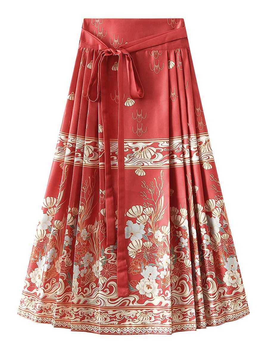 Women s Horse Face Skirt EleGant Phoenix Character Flower Print Pleated Tie Up A-Line Long Swing Skirt Clothing M260314