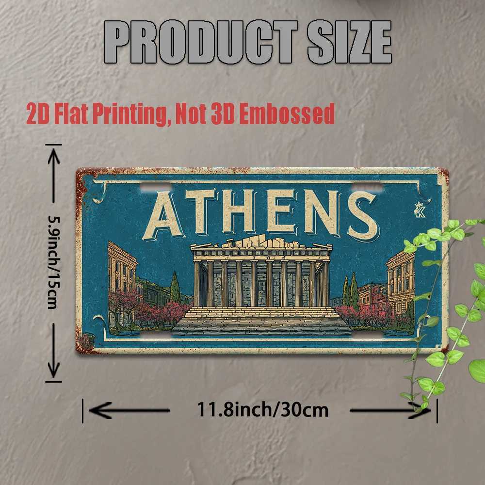 Athens Metal License Plate Sign - Retro Travel Wall Art with Athens Parthenon Design Blue White Aluminum Decor for Home Bar D260314