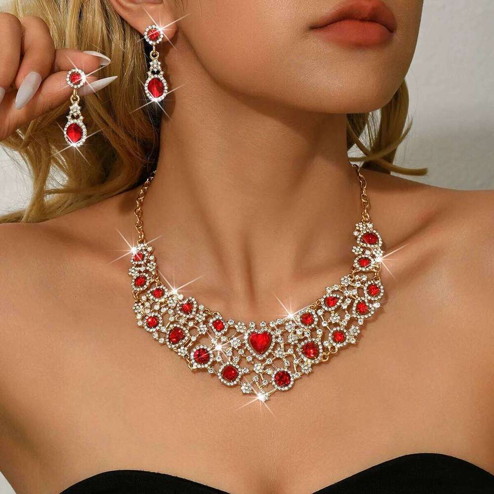 European Retro Alloy Inlaid Diamond Heart Earrings Necklace Wedding Banquet Versatile Set Female Z260313