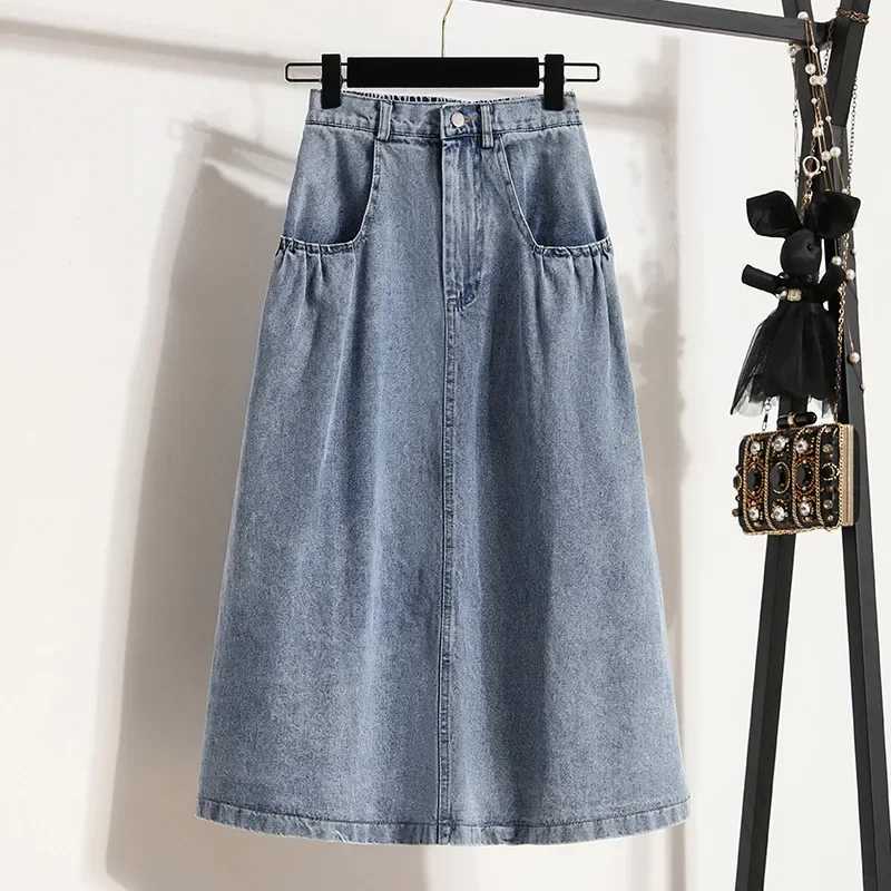 High Waist A- Line Mini Skirt Loose Fit Casual Washed Denim Solid Color Hong Kong Style plus Size Womens Fashion Skirts M260314