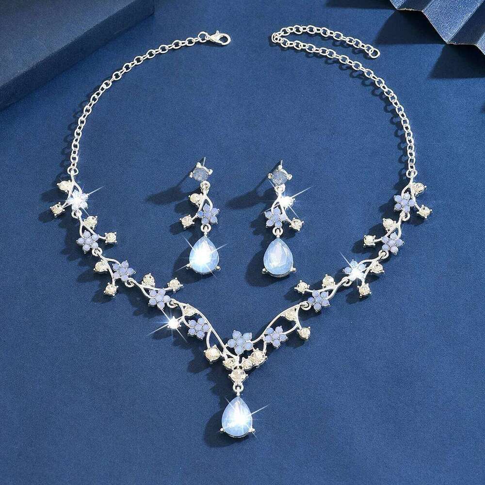 Floral Teal Crystal Necklace Earrings Set Women's Party Jewelry Flower Vine Water Drop Pendant Bridal Wedding Accessories Z260313