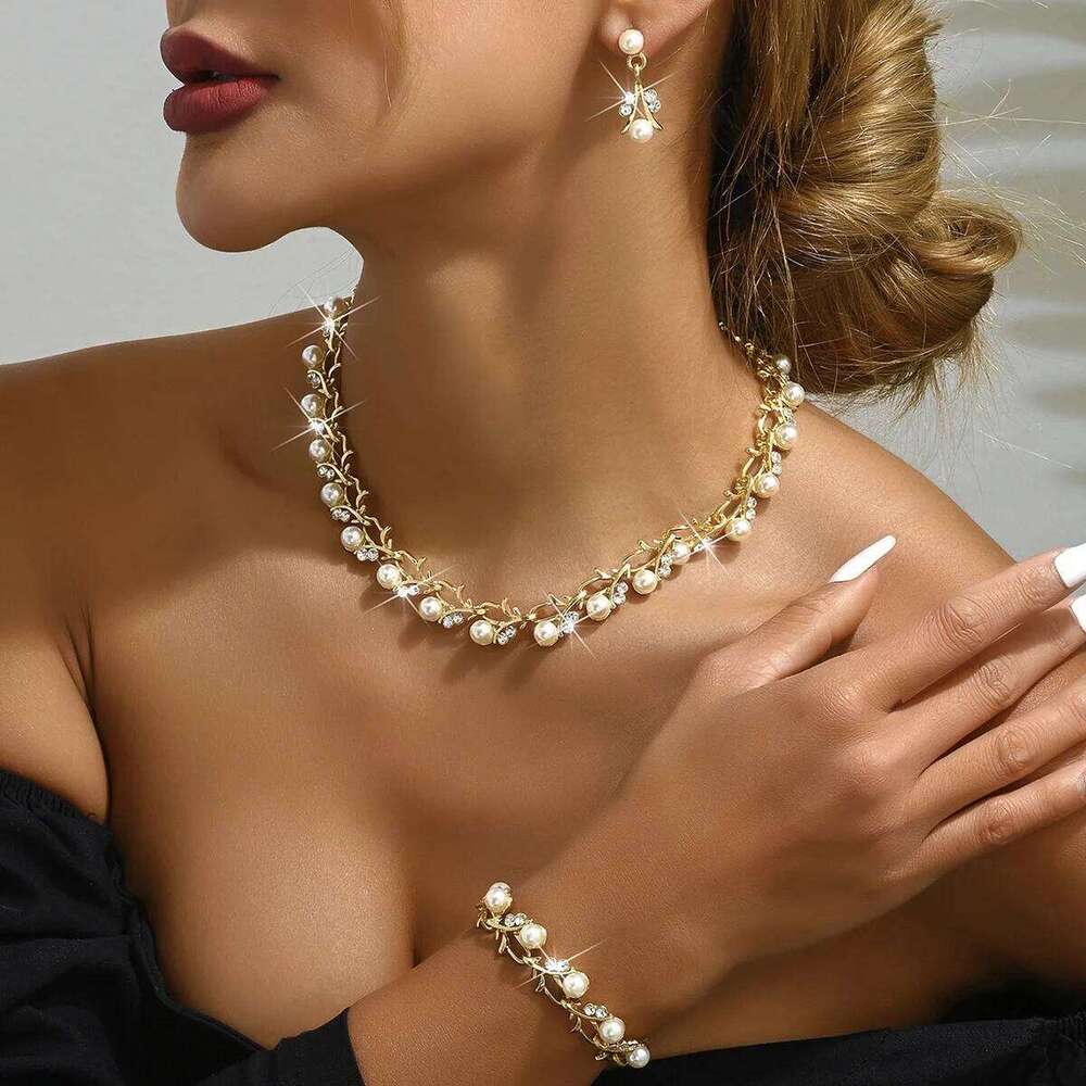 Vintage Gold Pearl & Zircon Jewelry Set - Necklace Bracelet + Earrings for Bridal Wedding Party Z260313