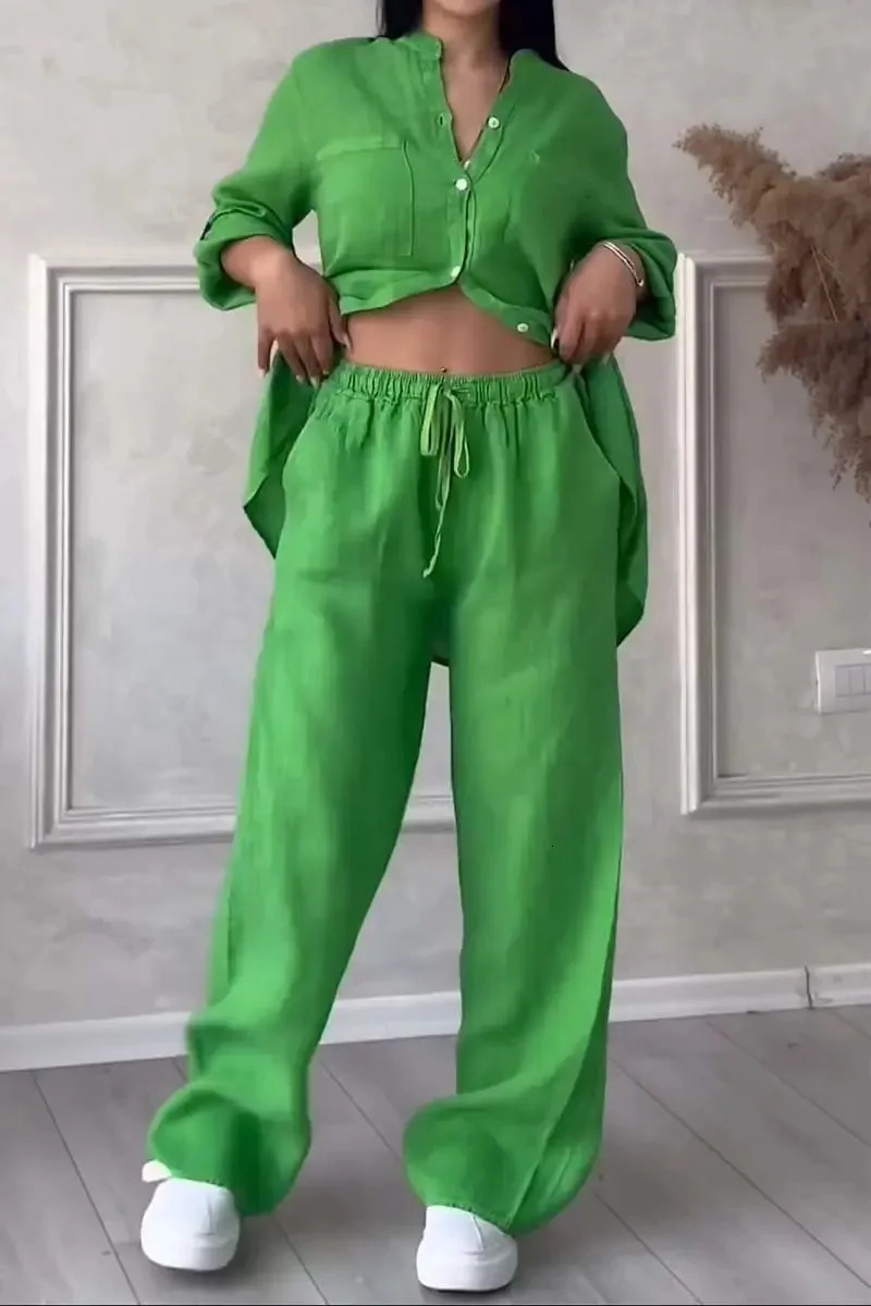 Spring Autumn Cotton Linen Long Sleeved shirt Pants Twopiece Set Women Casual Vneck Shirt Drawstring Wide leg Pant Suit 260312