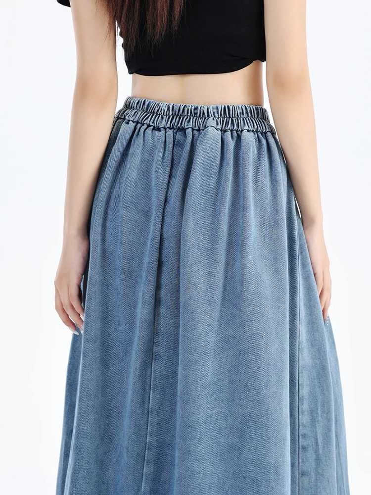 Autumn 2024 New High Elastic Waist Long Denim Skirt For Women Korean Style Streetwear Lace-up Blue Maxi Jeans Skirts Female M260314