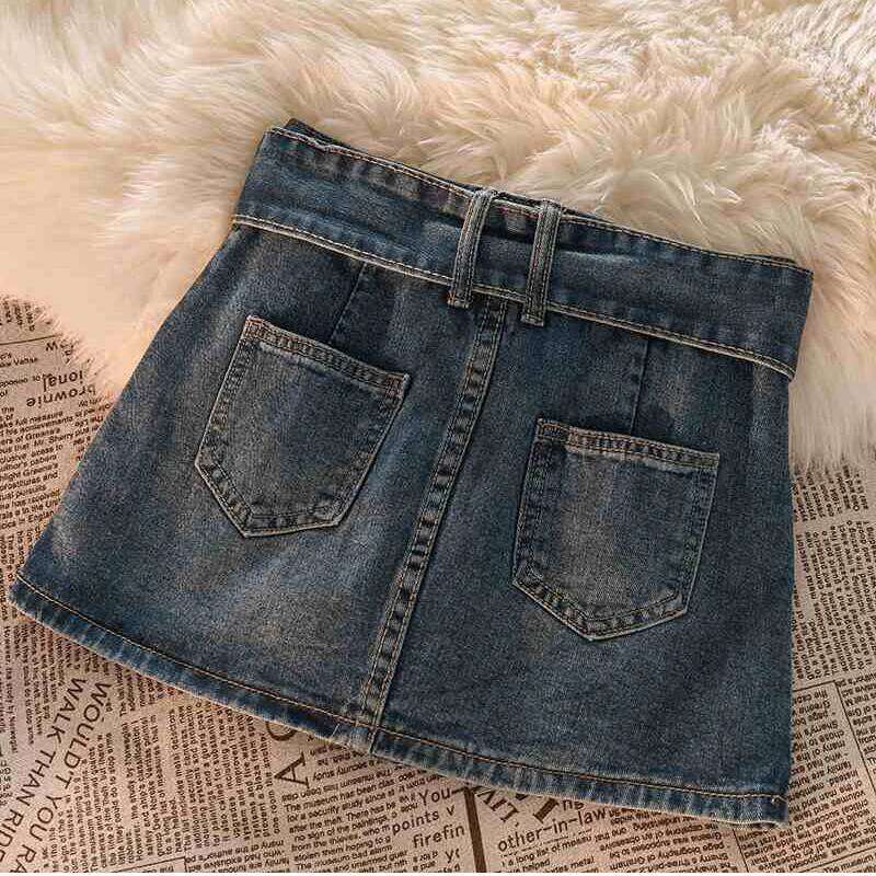Gidyq Vintage Denim Mini Women Summer Sexy Solid Belt Jeans Female Casual Ball Gown Korean Slim A Line Skirts Z260314