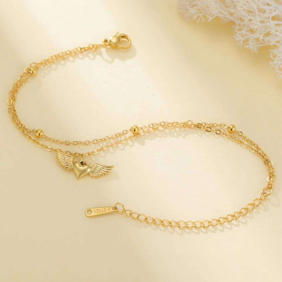Teamer Heart Wing Charm Bracelet Stainless Steel Gold Color Adjustable Double Layer Beads Chain For Women Girls Trendy Jewelry Z260313