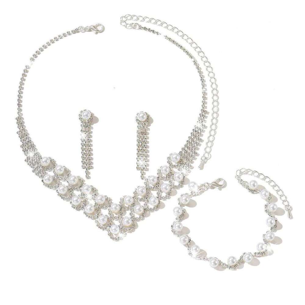 Vintage Pearl Rhinestone Jewelry Set Women's Necklace Earrings Bracelet 3Pcs Choker Party Wedding Formal Accessories Z260313