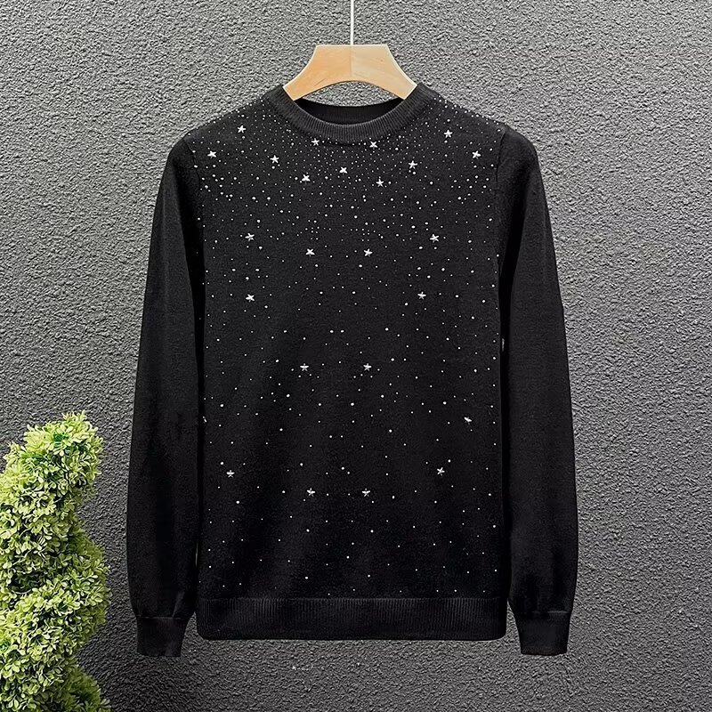 Autumn And Winter Trendy Fashion Personalized Designer T-shirt Rhinestone Sweater For Men Popular Round-neck Slim-fit Designer Hoodie Base Layer Polo Men's