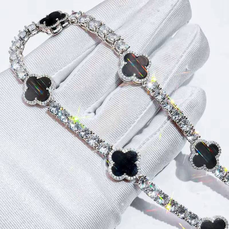 Hip Hop Fine Jewelry Passd Diamond Tester 925 Silver 3MM 4MM 5MM Moissanite Black Agate Clover Tennis Chain for Men Women