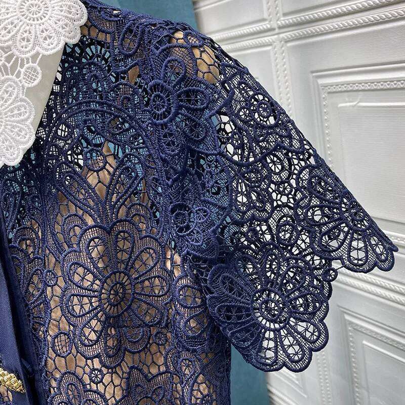 Water Soluble Lace Navy Blue Peter Pan Collar Pocket Buttons Decoration Women Dress High Waist Slim Temperament Pencil Dress Mdng260314 - view 5