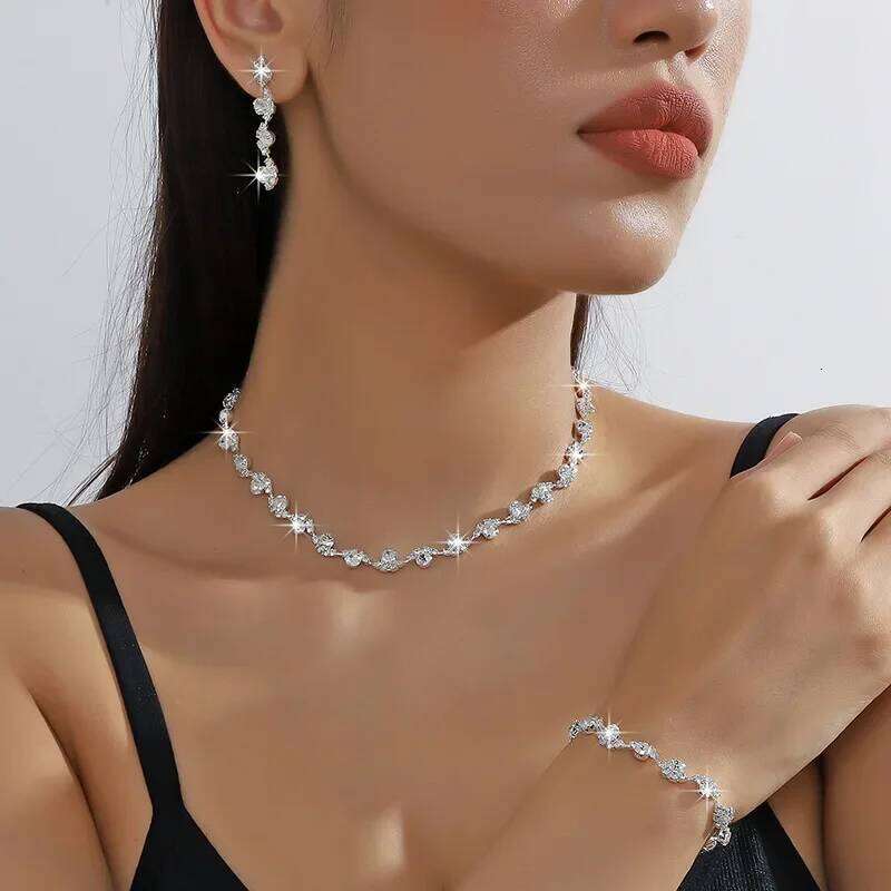 FYUAN Exquisite Black Silver Color Crystal Necklace Bracelet Long Tassel Rhinestone Earrings for Wedding Jewelry Sets Z260313