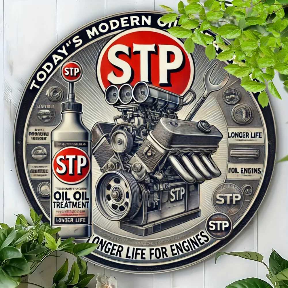 8x8 Inch Round Vintage Gas Station Car Repair Metal Wall Sign Todays STP Design for Garage Home Bar Cafe Outdoor Room Decor D260314
