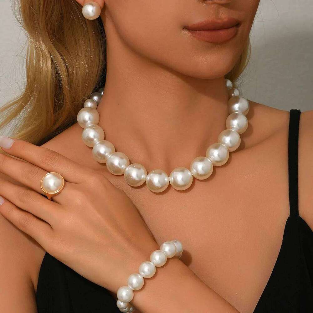 Elegant Faux Pearl Jewelry Set Women Necklace Earrings Ring Bracelet Classic White Party Wedding Accessories Z260313