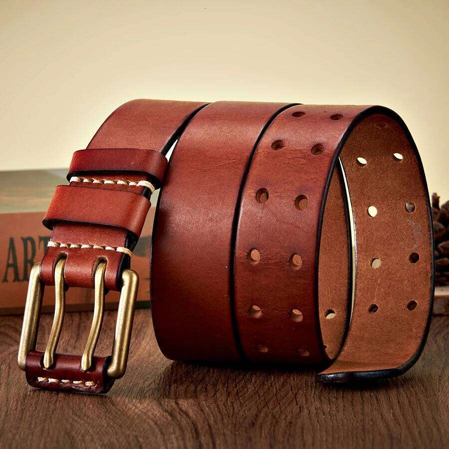3.8cm Wide Retro Vintage Men's Cowhide Genuine Leather Copper Double Needle Buckle Handmade Cowboy Jeans Belt Z260226