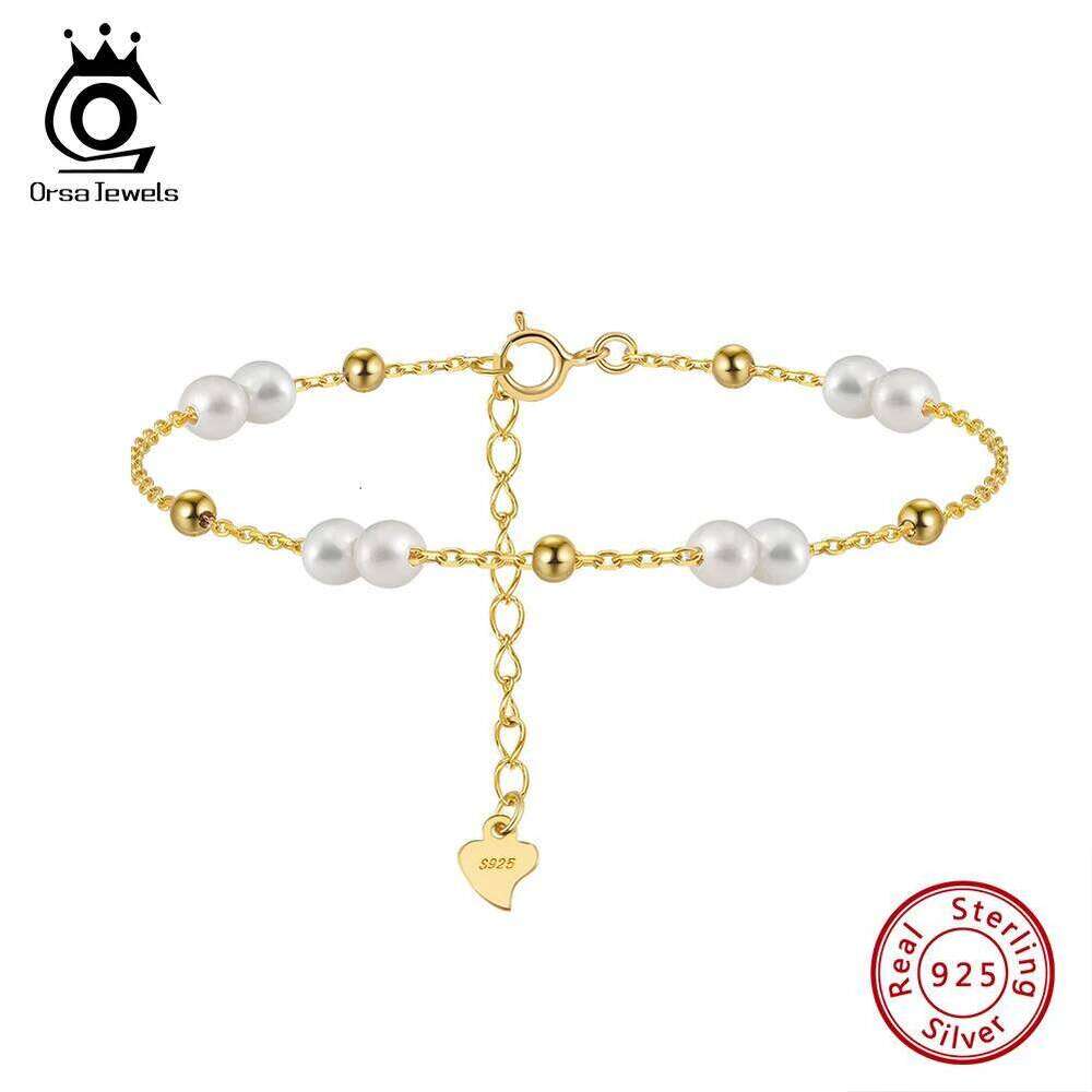 ORSA JEWELS 925 Sterling Silver Pearls Chain Vinatge 14K Gold Pearl Beads Bracelet on Hand Female Party Jewelry GPB40 Z260313