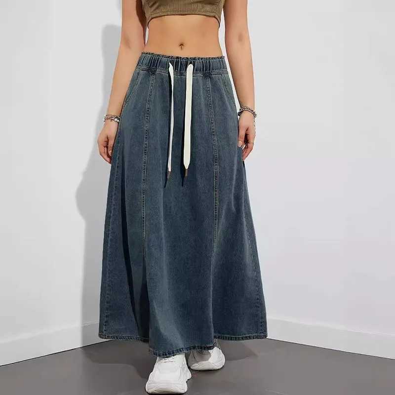 DongCMY Womens Denim Long Skirts Elastic Waist Loose Solid Color High Waist Big Skirt Denim Skirt Women Casual Dress Streetwear M260314