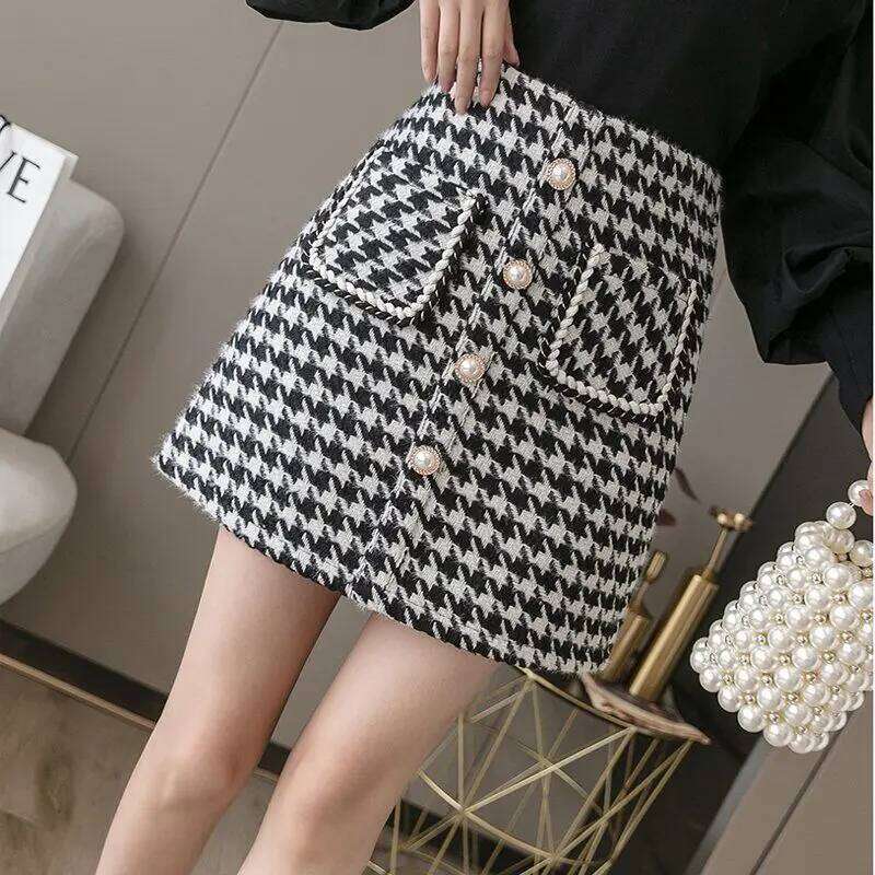 2025 New Wool Houndstooth Short for Women in Autumn Winter High-waisted Slim and Versatile A-line Hip-pack Skirt Z260314