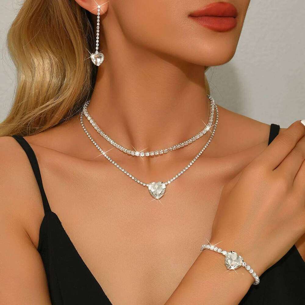 Double Layer Heart Crystal Jewelry Set Necklace+Earrings+Bracelet Shiny for Women Party Wedding Accessories Z260313